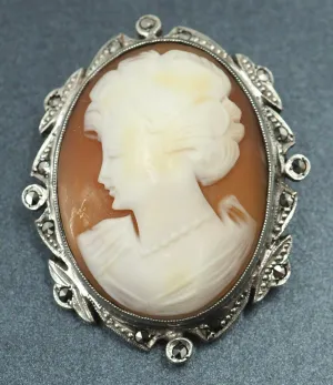 Marcasite & Shell Cameo Sterling Silver Brooch