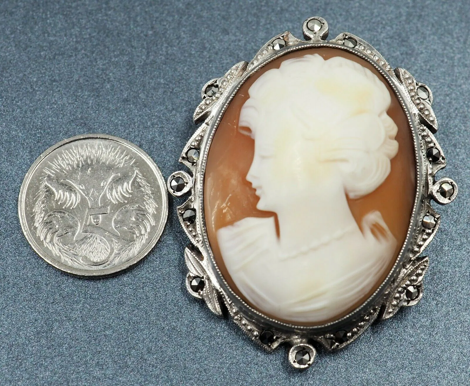 Marcasite & Shell Cameo Sterling Silver Brooch