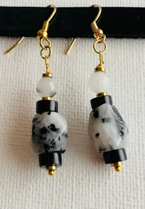 Marisa Handmade Tourmalinated Quartz, Rutilated Quartz, Black Onyx, and Gold Plated Hematite Earrings