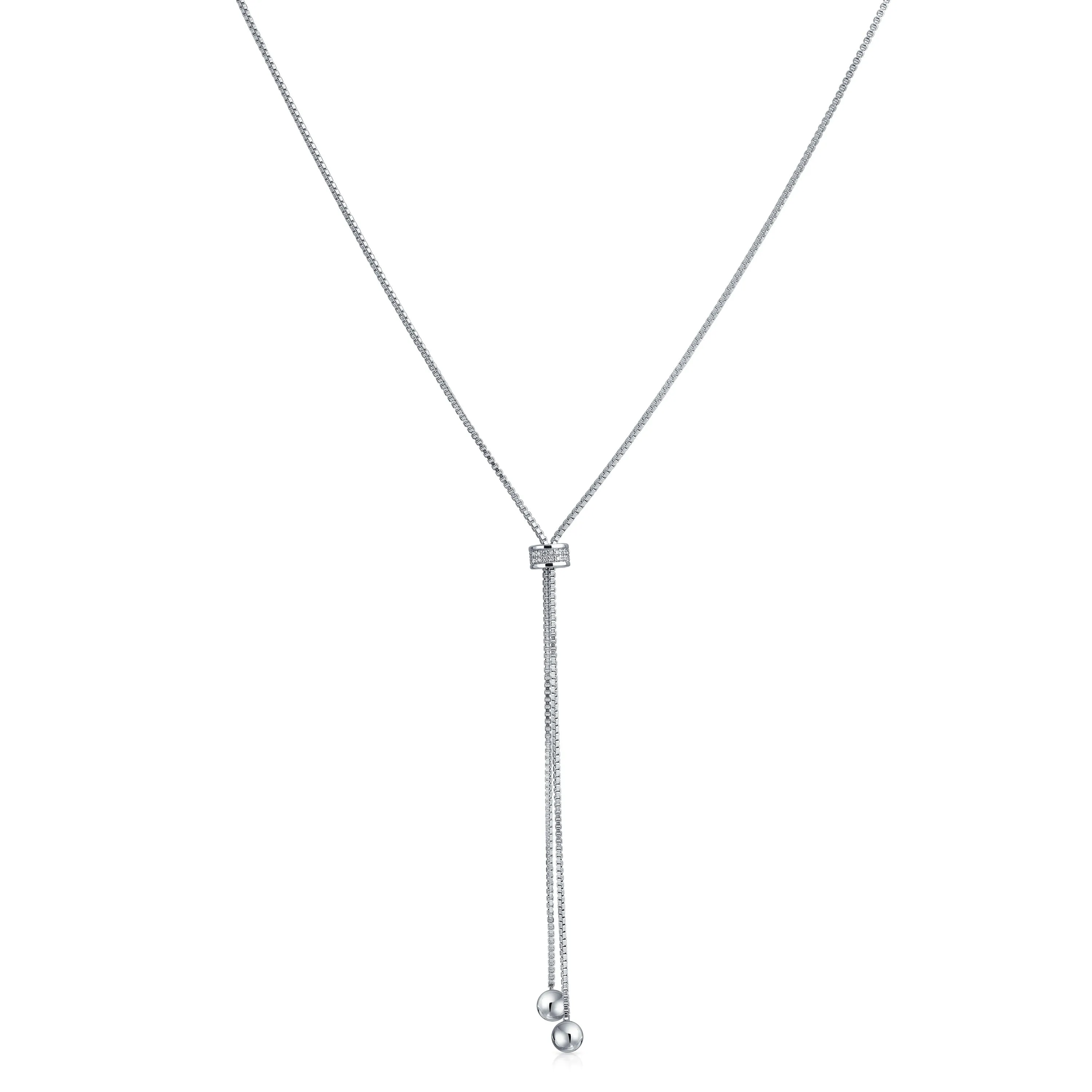 Minimalist CZ Geometric Drop Necklace with Round Ball Linear Lariat Tassel