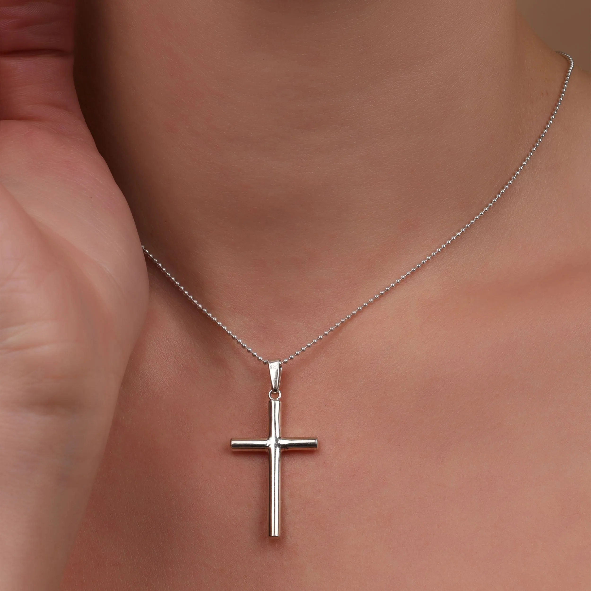 Minimalist Petite Tube Cross Pendant Necklace in Polished Sterling Silver