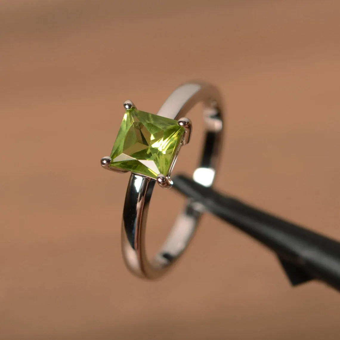 Natural Square Cut Peridot Simple Solitaire Ring - 925 Sterling Silver Rings