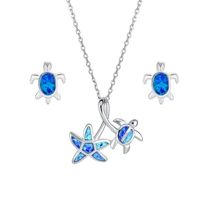 Nautical Beach Vacation Opal Sea Turtle Starfish Jewelry Set Necklace Silver