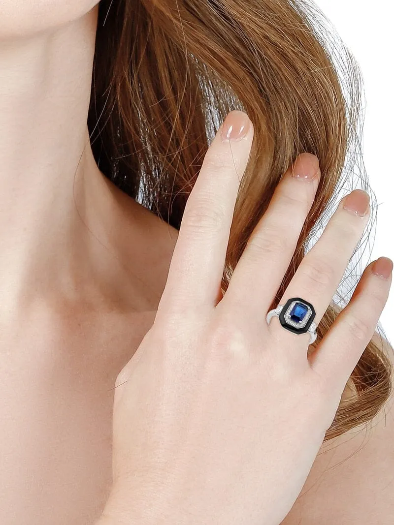 New Black Enamel Sapphire Crystal Square Ring - 925 Sterling Silver