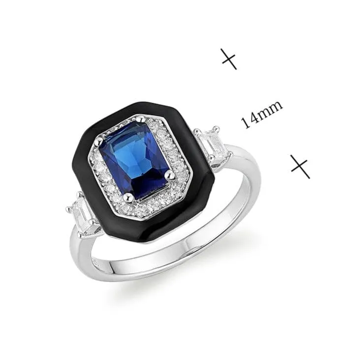 New Black Enamel Sapphire Crystal Square Ring - 925 Sterling Silver