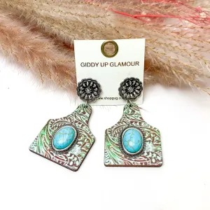 Patina Cattle Tag Earrings With Turquoise Center Stone