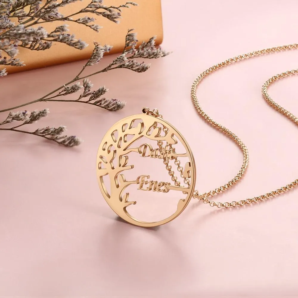 Personalized Tree of Life Necklace with 2 Names Customized Name Letter Pendant Necklace Women Jewelry Christmas Gift