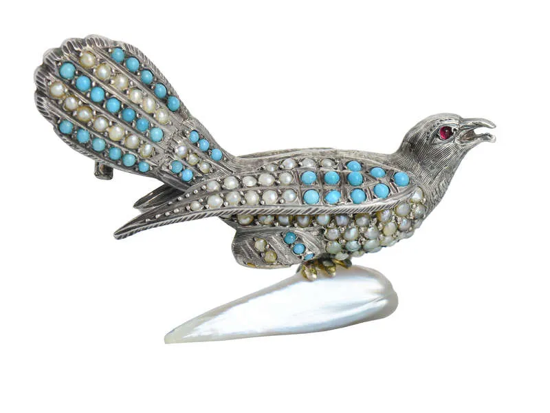 Proud Plumage - Victorian Turquoise Pearl Bird Brooch