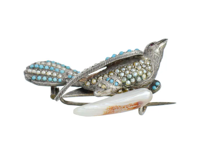 Proud Plumage - Victorian Turquoise Pearl Bird Brooch