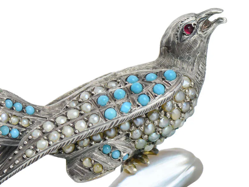 Proud Plumage - Victorian Turquoise Pearl Bird Brooch