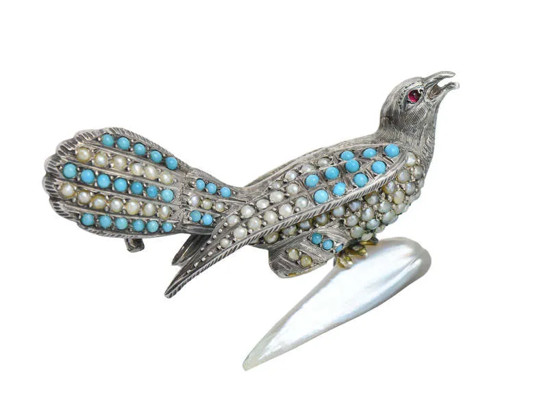 Proud Plumage - Victorian Turquoise Pearl Bird Brooch