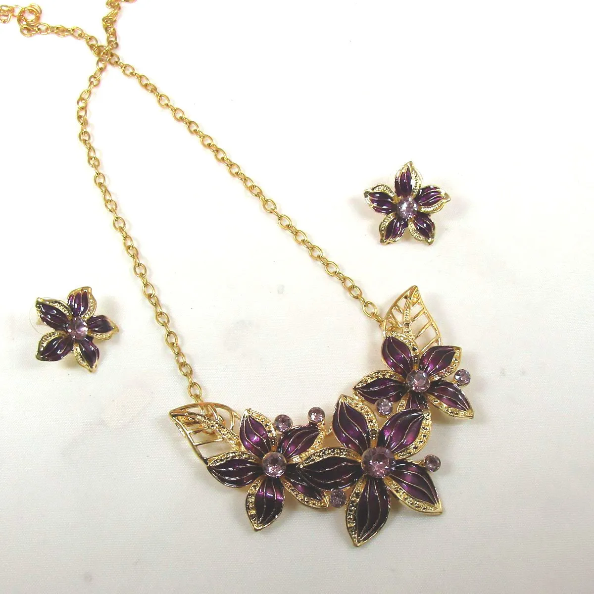 Purple & Gold Flower Necklace  & Earrings