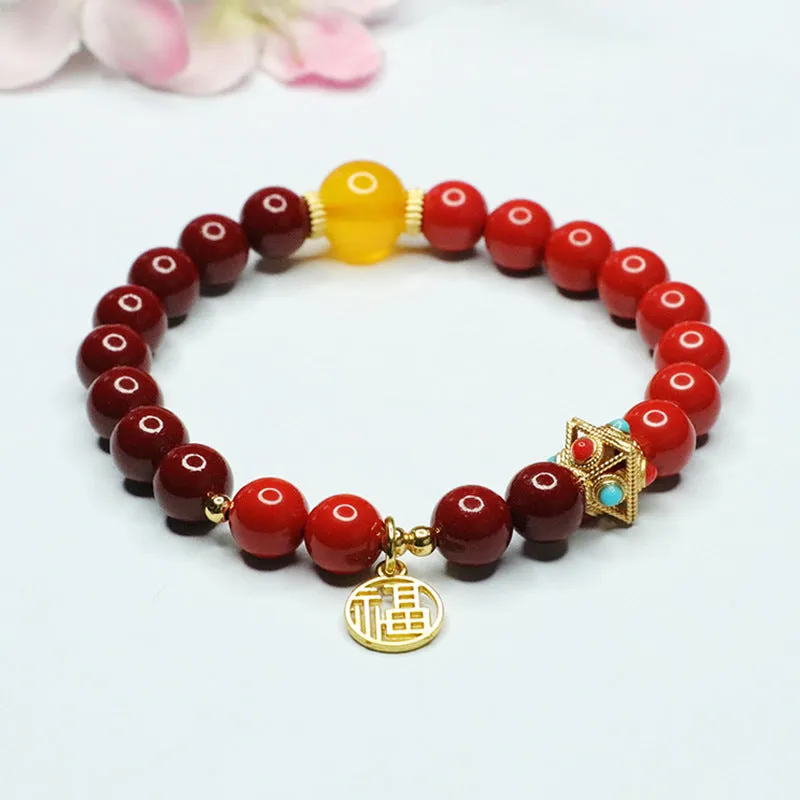 Red and Gold Blessing Bracelet with Cinnabar Stone