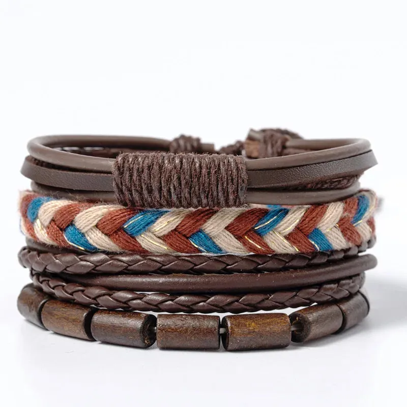 Retro Beaded Leather Bracelets Set for Men Life Tree Jewelry Charm 4Pcs/ Set Wood Beads Ethnic Tribal Man Bracelet Wholesale