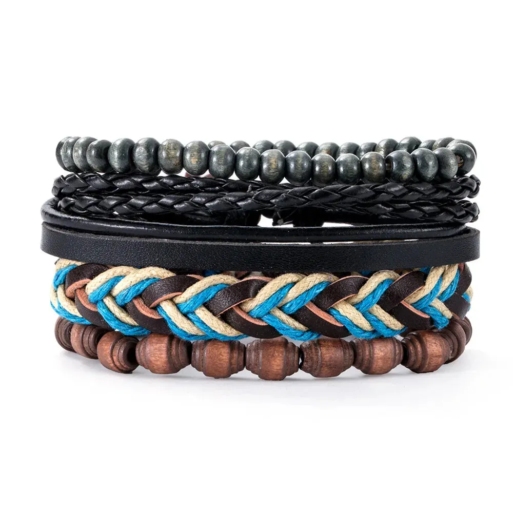 Retro Beaded Leather Bracelets Set for Men Life Tree Jewelry Charm 4Pcs/ Set Wood Beads Ethnic Tribal Man Bracelet Wholesale