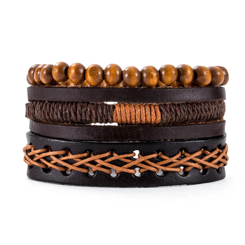 Retro Beaded Leather Bracelets Set for Men Life Tree Jewelry Charm 4Pcs/ Set Wood Beads Ethnic Tribal Man Bracelet Wholesale