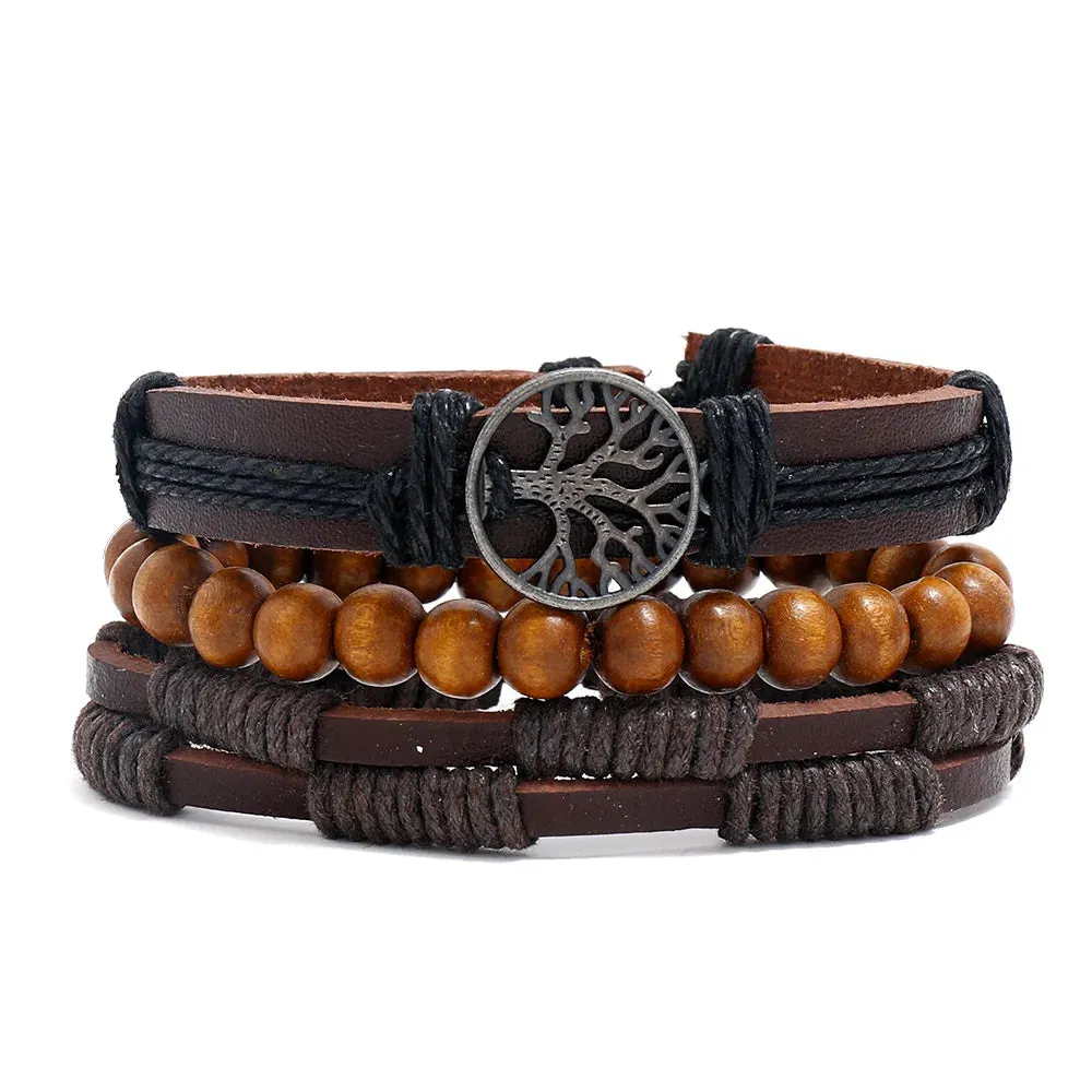 Retro Beaded Leather Bracelets Set for Men Life Tree Jewelry Charm 4Pcs/ Set Wood Beads Ethnic Tribal Man Bracelet Wholesale