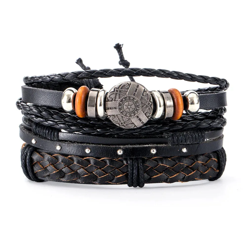 Retro Beaded Leather Bracelets Set for Men Life Tree Jewelry Charm 4Pcs/ Set Wood Beads Ethnic Tribal Man Bracelet Wholesale