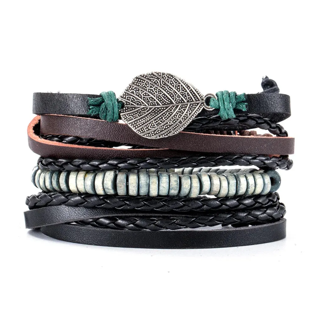 Retro Beaded Leather Bracelets Set for Men Life Tree Jewelry Charm 4Pcs/ Set Wood Beads Ethnic Tribal Man Bracelet Wholesale