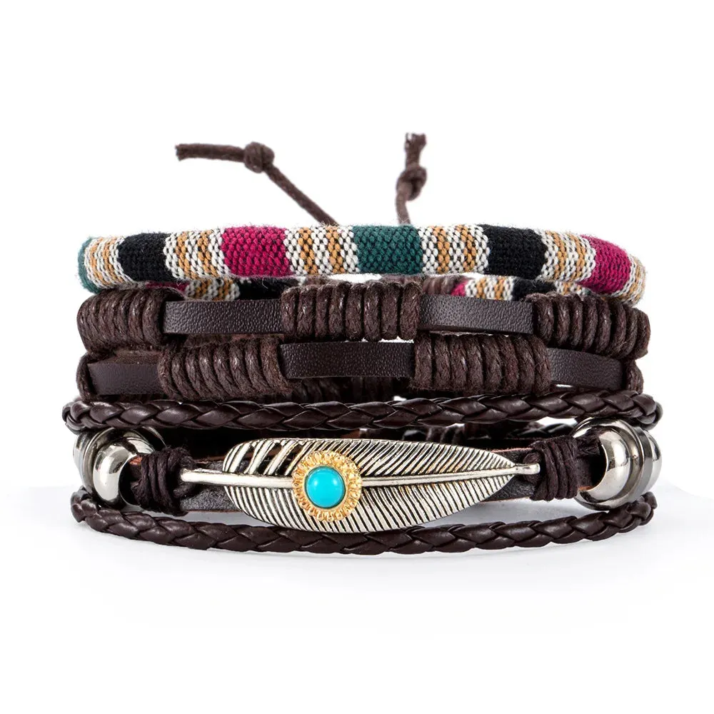 Retro Beaded Leather Bracelets Set for Men Life Tree Jewelry Charm 4Pcs/ Set Wood Beads Ethnic Tribal Man Bracelet Wholesale