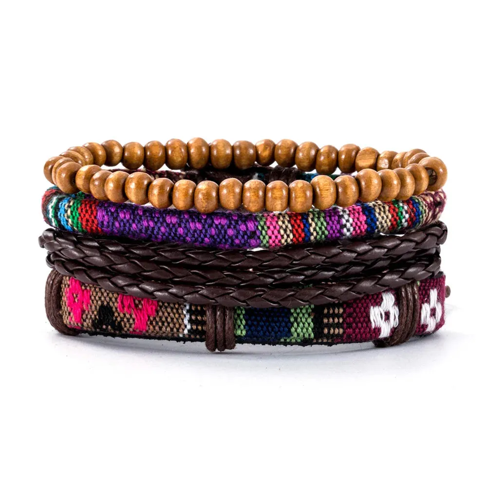 Retro Beaded Leather Bracelets Set for Men Life Tree Jewelry Charm 4Pcs/ Set Wood Beads Ethnic Tribal Man Bracelet Wholesale