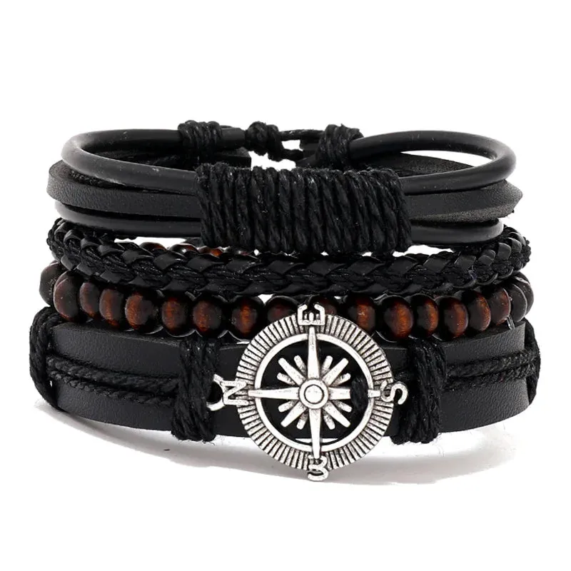 Retro Beaded Leather Bracelets Set for Men Life Tree Jewelry Charm 4Pcs/ Set Wood Beads Ethnic Tribal Man Bracelet Wholesale