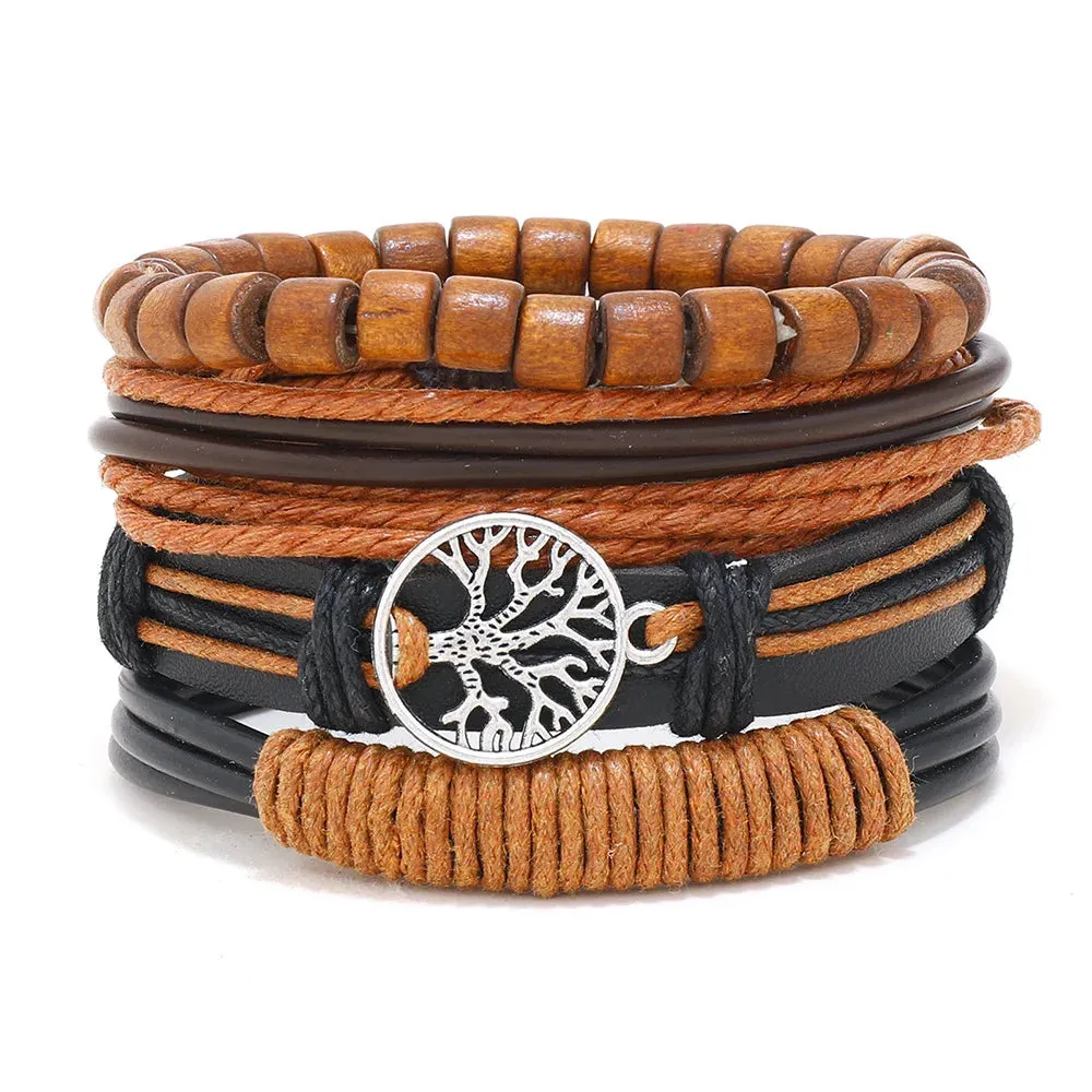 Retro Beaded Leather Bracelets Set for Men Life Tree Jewelry Charm 4Pcs/ Set Wood Beads Ethnic Tribal Man Bracelet Wholesale