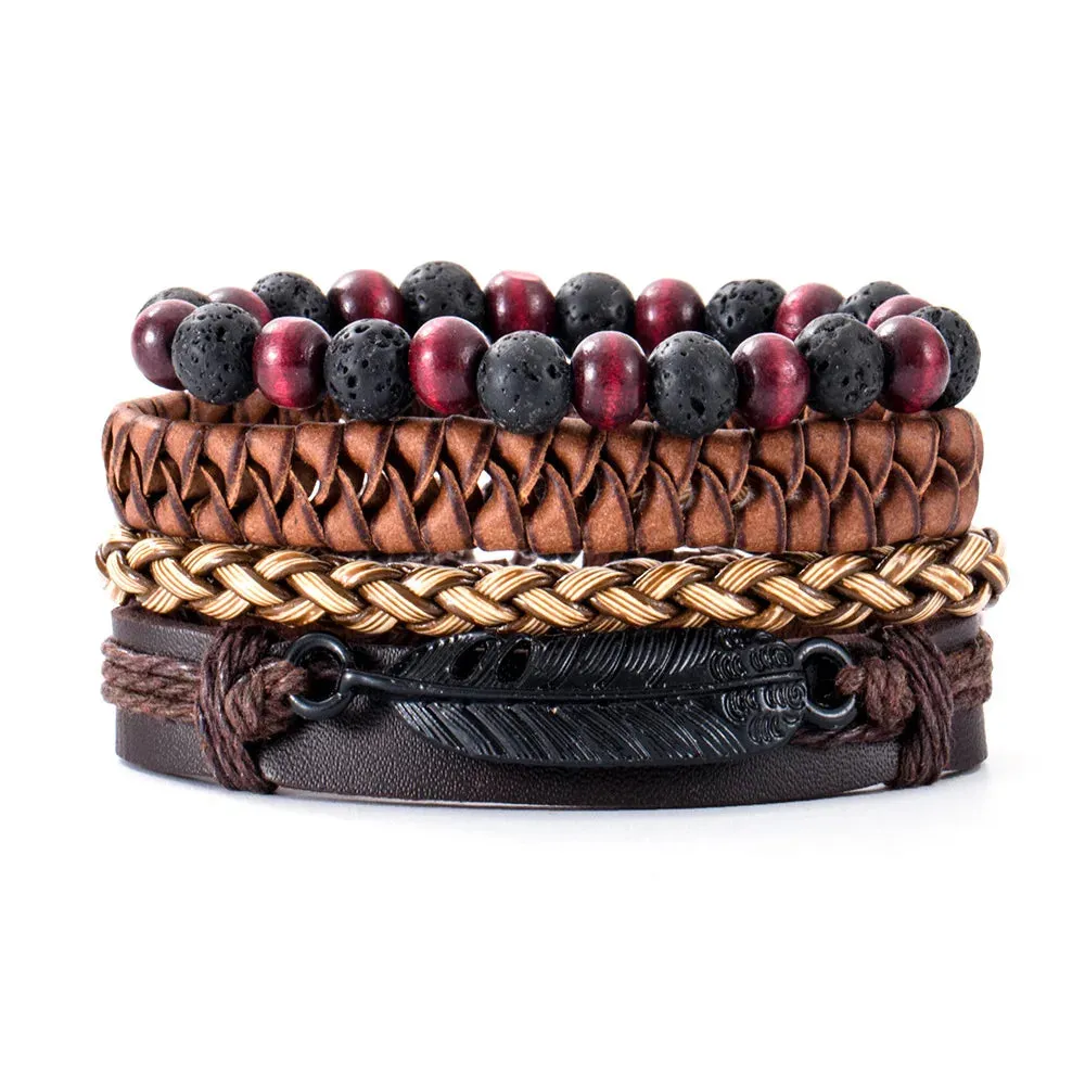 Retro Beaded Leather Bracelets Set for Men Life Tree Jewelry Charm 4Pcs/ Set Wood Beads Ethnic Tribal Man Bracelet Wholesale