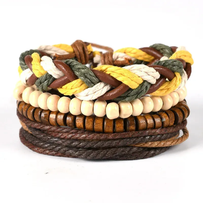 Retro Beaded Leather Bracelets Set for Men Life Tree Jewelry Charm 4Pcs/ Set Wood Beads Ethnic Tribal Man Bracelet Wholesale