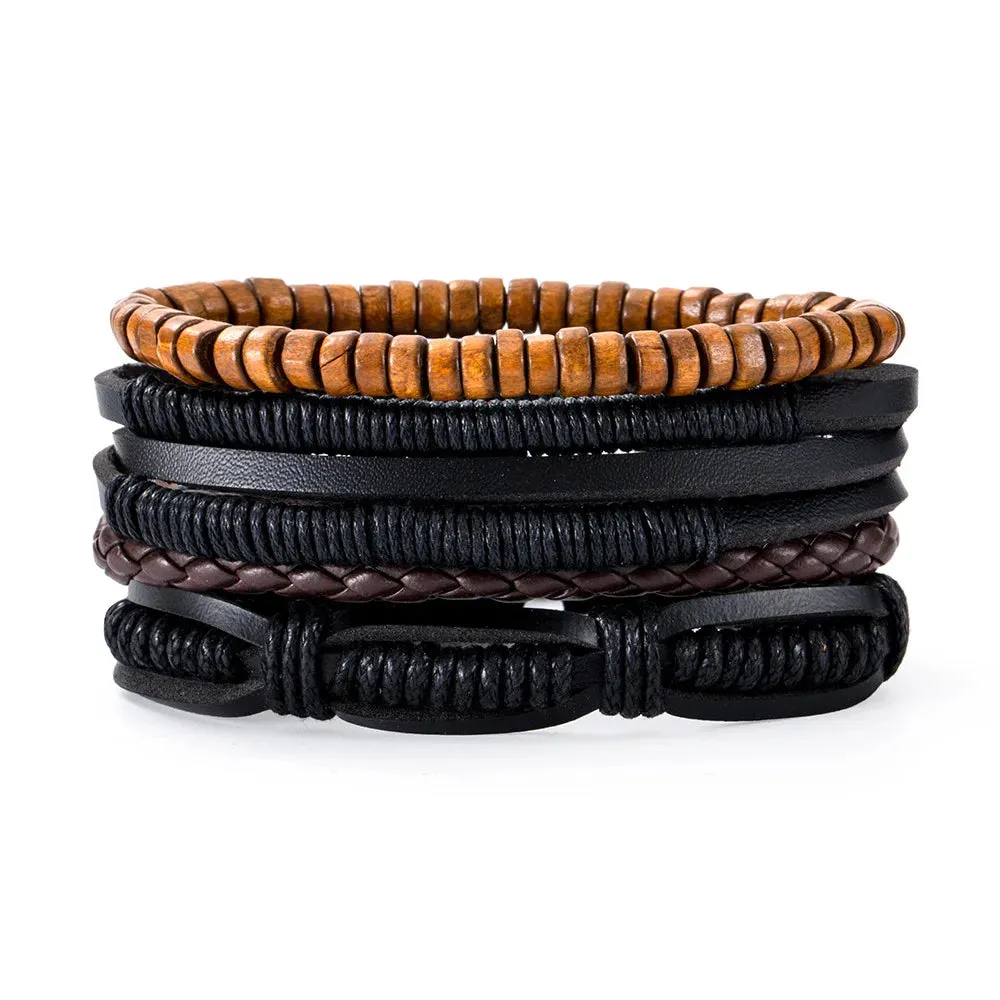 Retro Beaded Leather Bracelets Set for Men Life Tree Jewelry Charm 4Pcs/ Set Wood Beads Ethnic Tribal Man Bracelet Wholesale