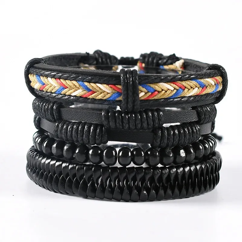 Retro Beaded Leather Bracelets Set for Men Life Tree Jewelry Charm 4Pcs/ Set Wood Beads Ethnic Tribal Man Bracelet Wholesale