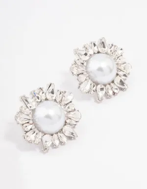 Rhodium Pearl & Cluster Statement Stud Earrings