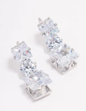 Rhodium Triple Cubic Zirconia Square Drop Earrings