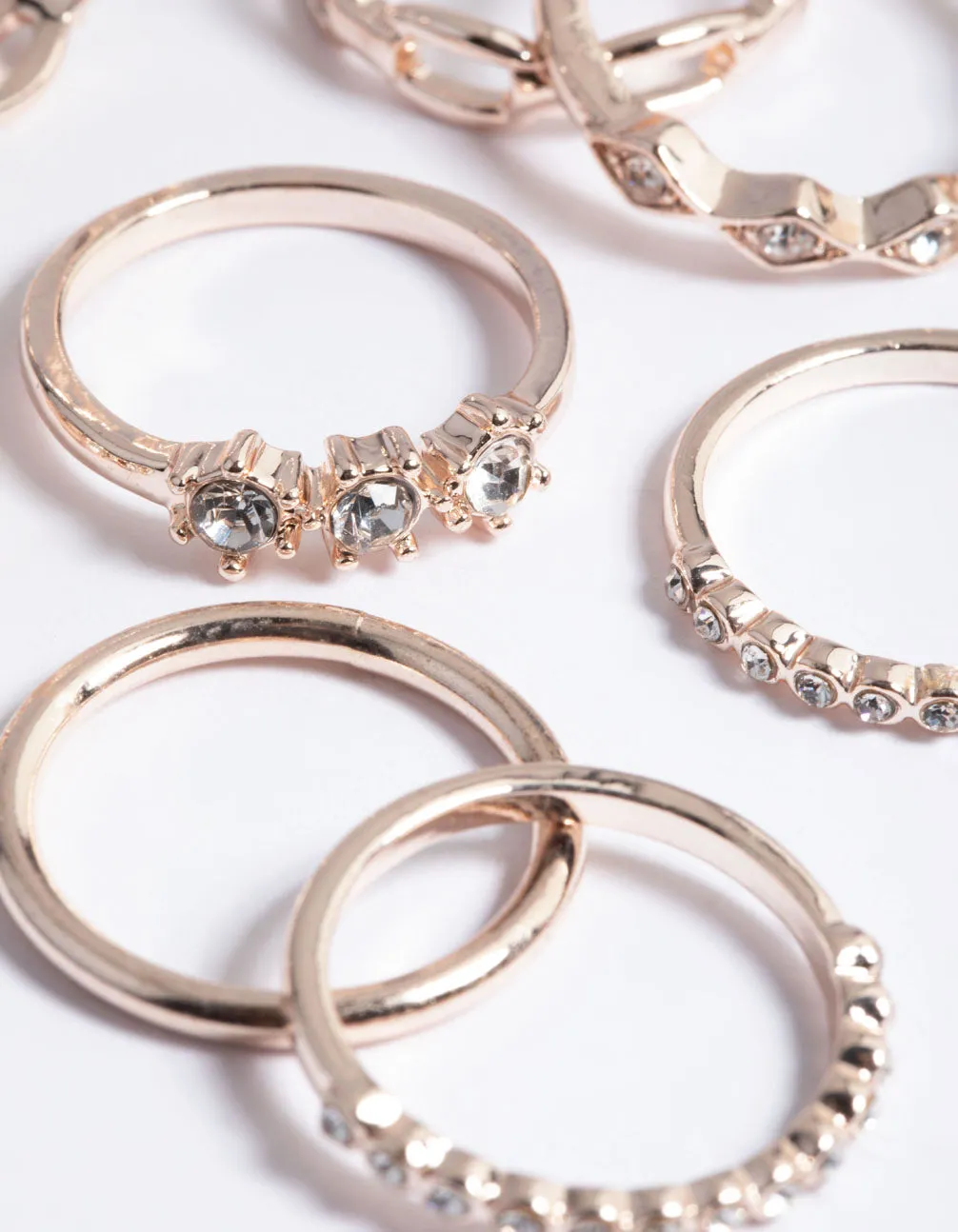 Rose Gold Diamante Row Mix Ring 8-Pack