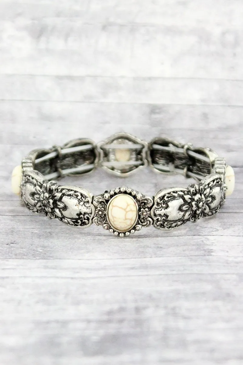 SALE! Burnished Silvertone and Howlite Bead Floral Spoon Stretch Bracelet