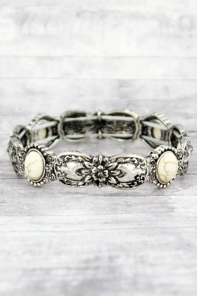 SALE! Burnished Silvertone and Howlite Bead Floral Spoon Stretch Bracelet