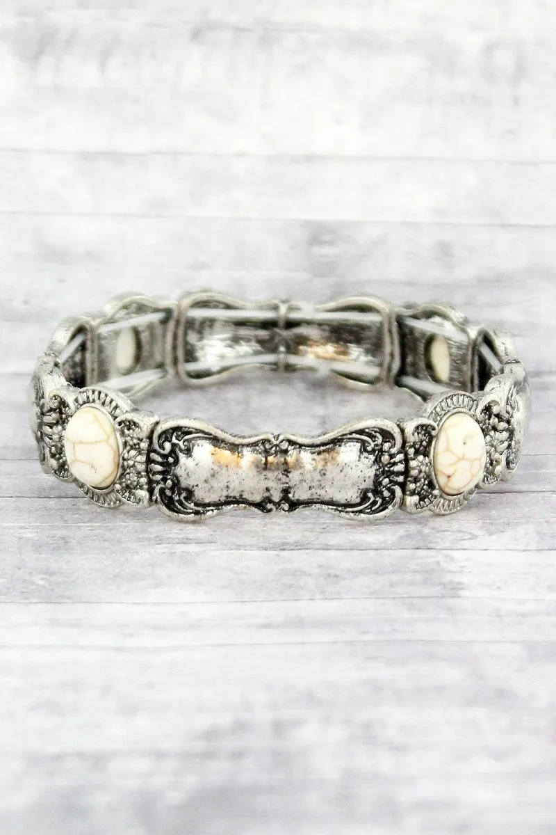 SALE! Burnished Silvertone and Howlite Bead Spoon Stretch Bracelet