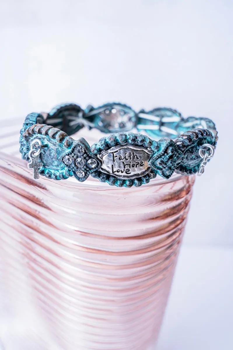 SALE! Patina and Silvertone 'Faith Hope Love' Stretch Bracelet