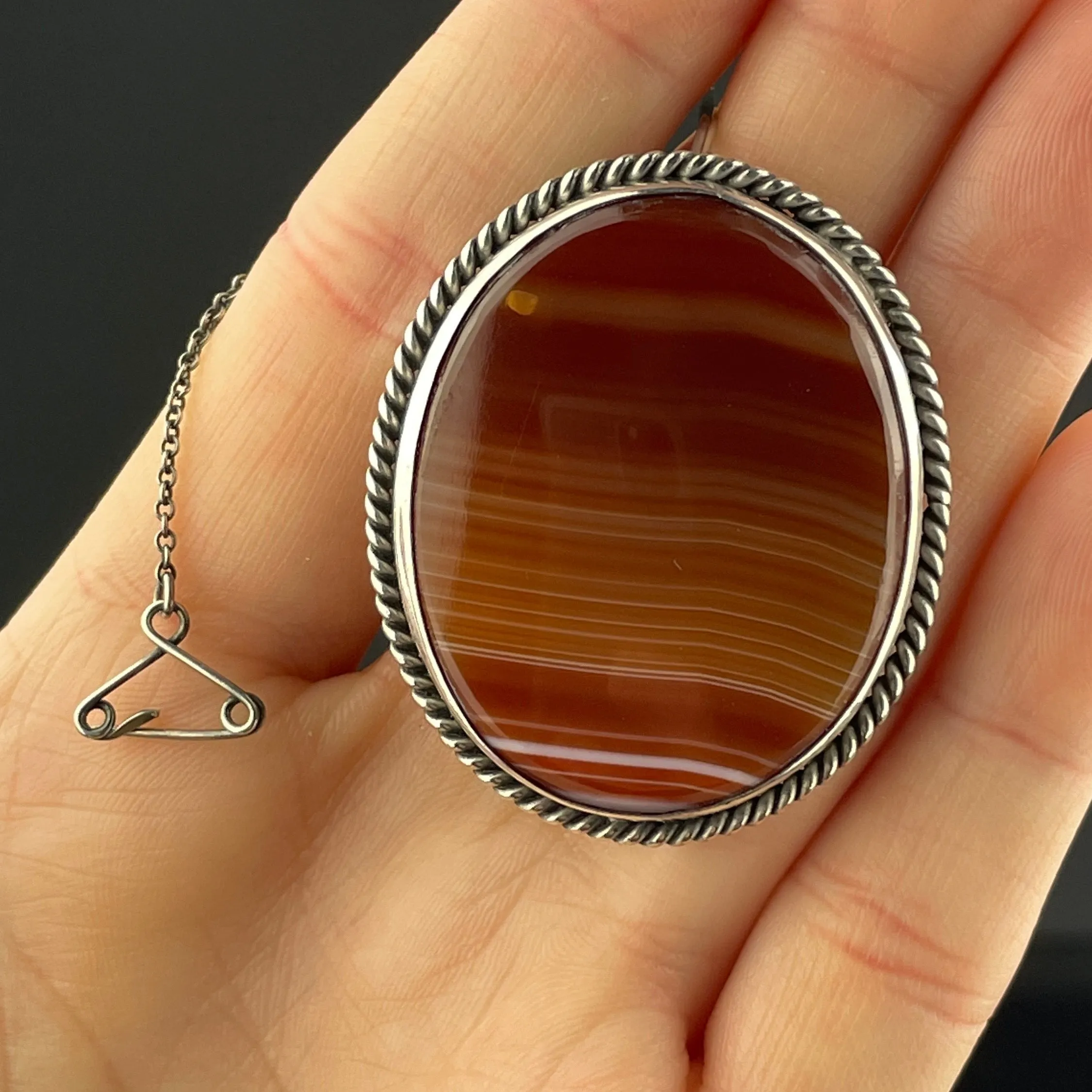 Silver Antique Banded Carnelian Banded Agate Brooch