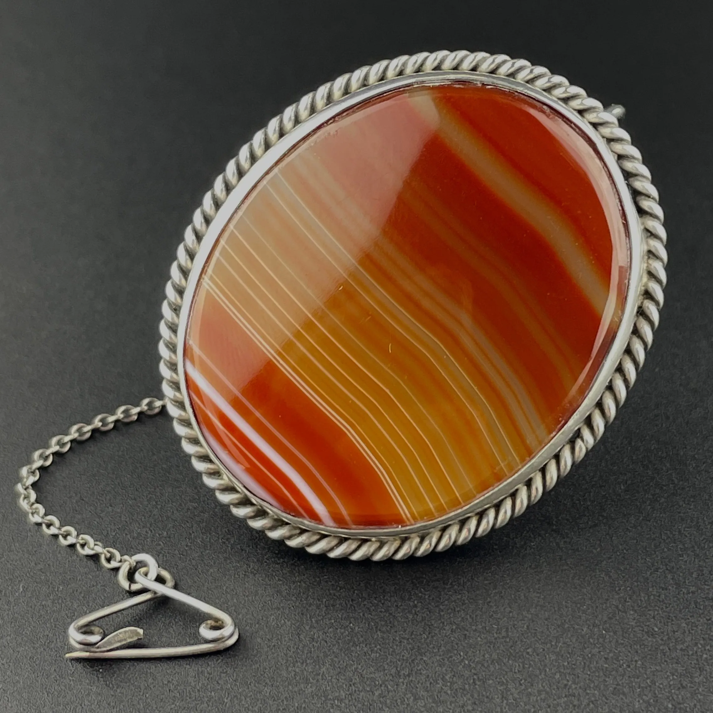 Silver Antique Banded Carnelian Banded Agate Brooch