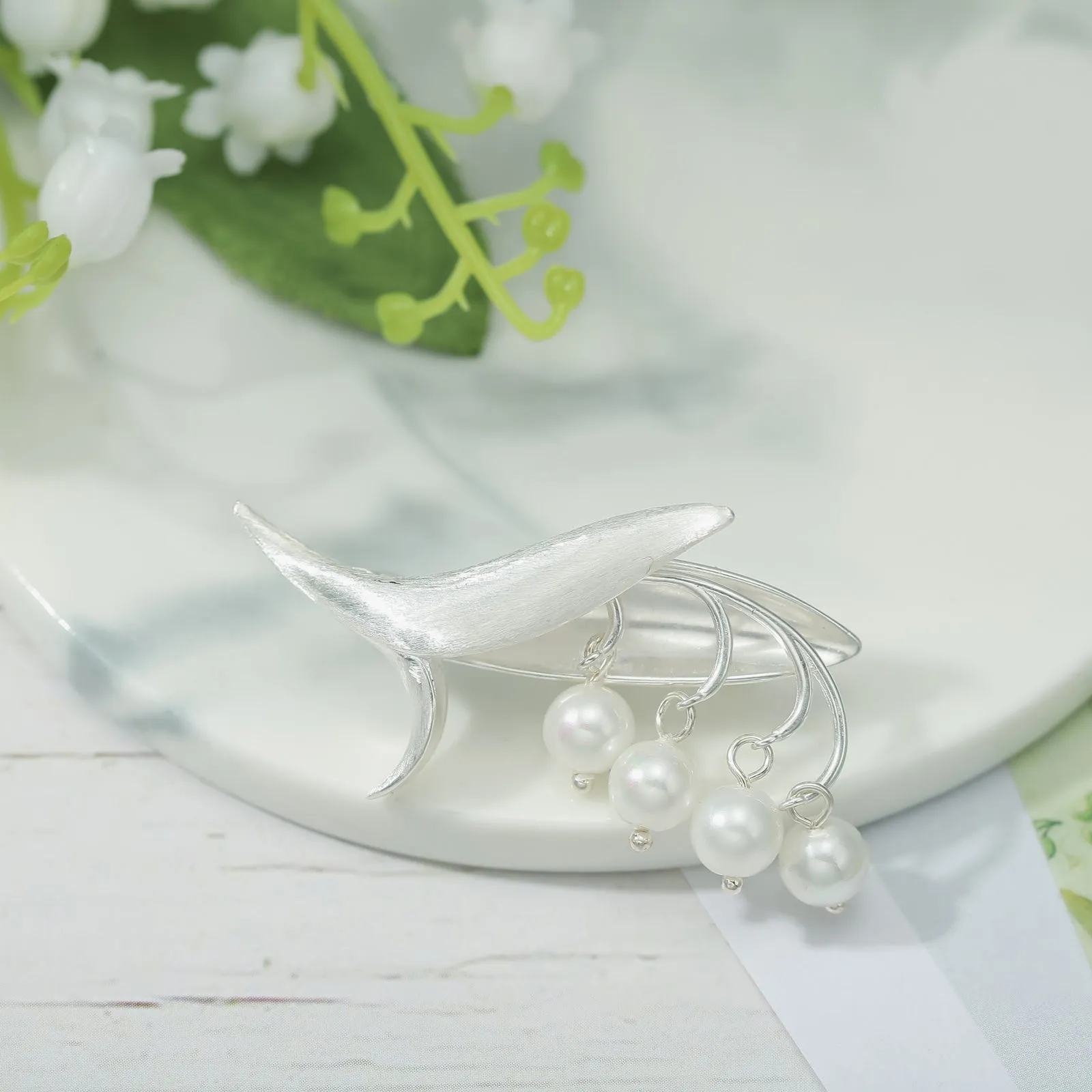 Silver Lily Of The Valley Pearl Brooch