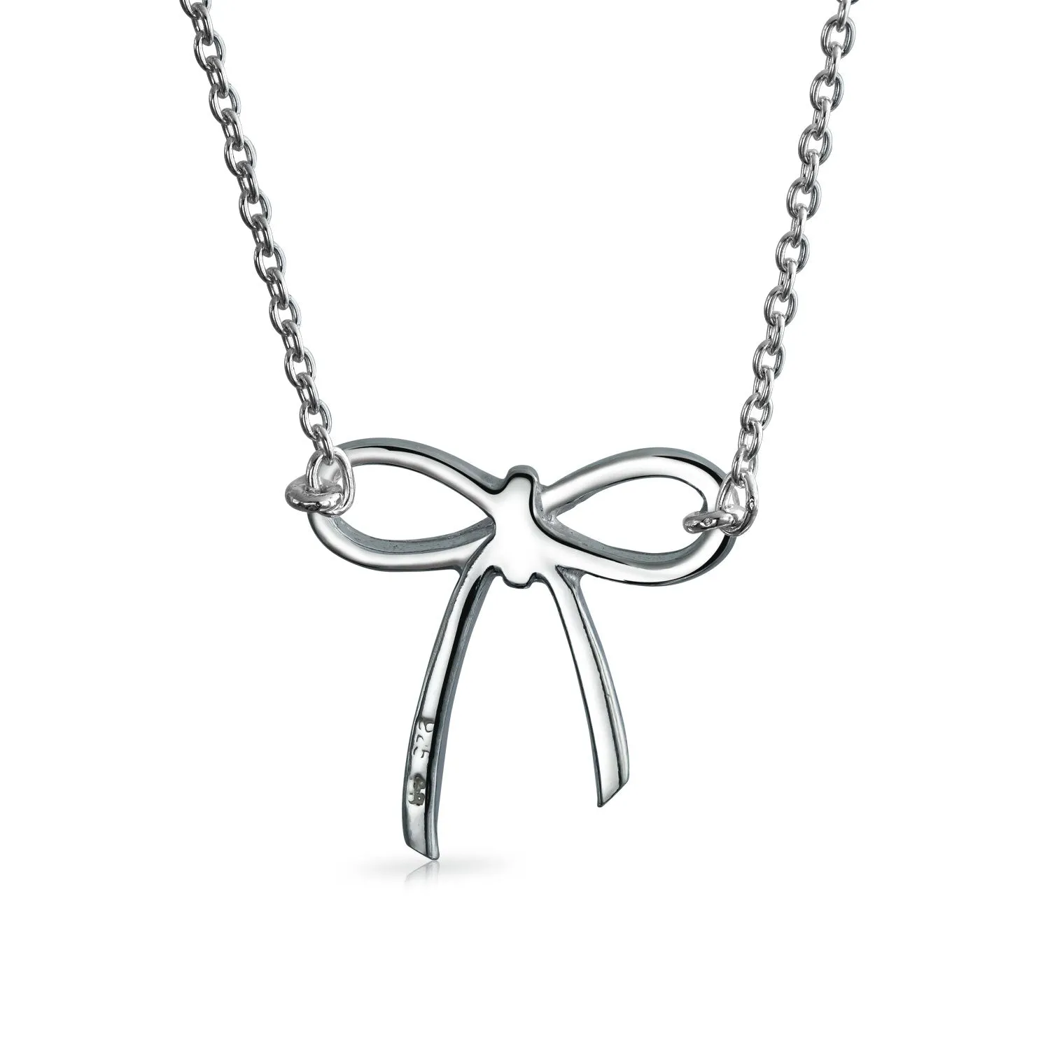 Simple Dainty Ribbon Bow Pendant Necklace in Sterling Silver