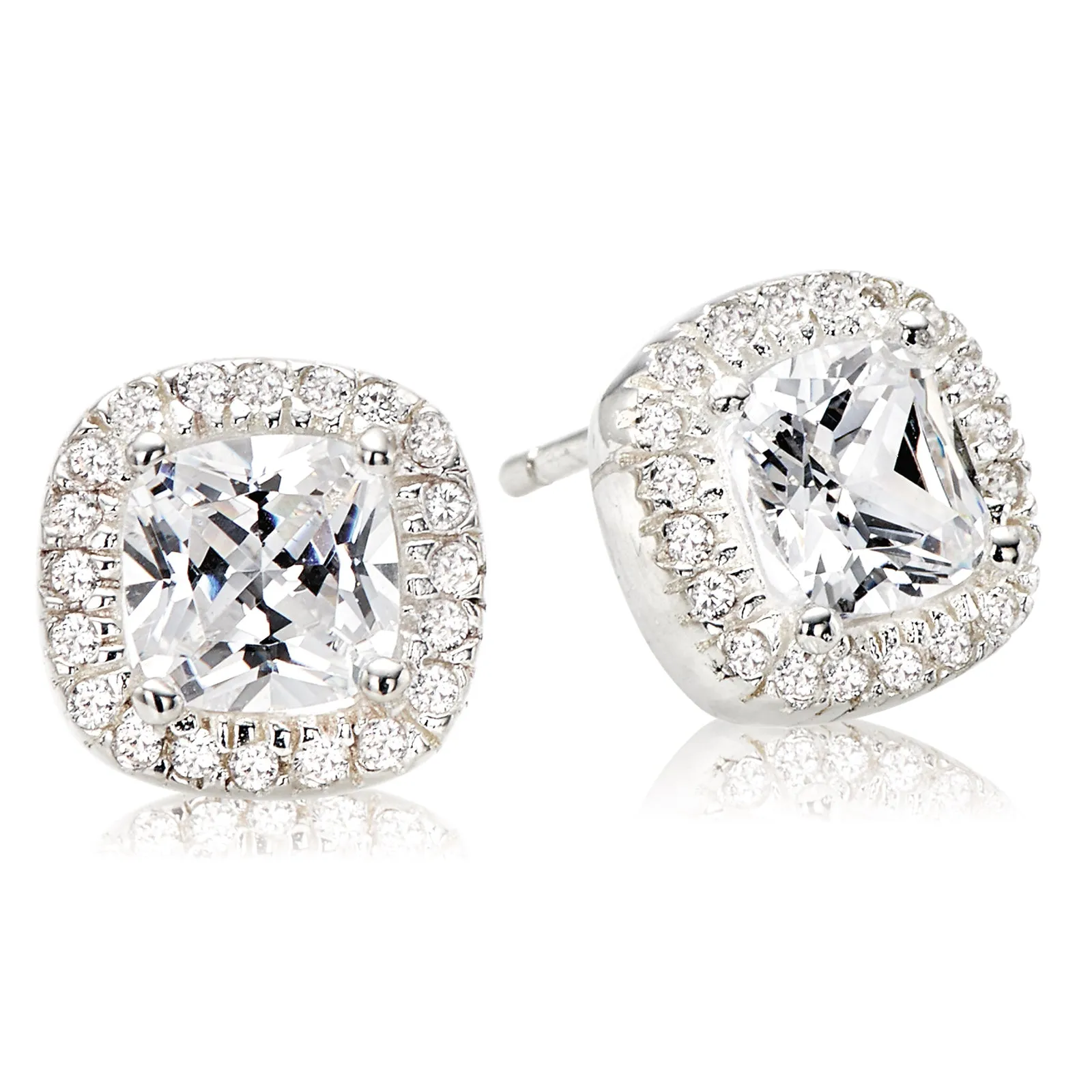 Sterling Silver Cubic Zirconia Halo Cushion Cut Stud Earrings