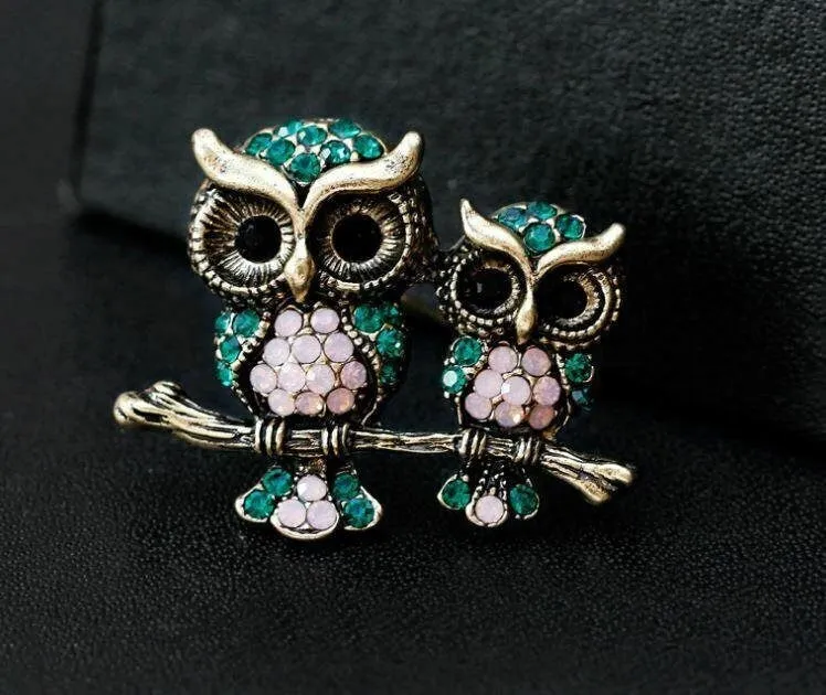 Stunning vintage look gold plated retro owl couple celebrity brooch broach pin f