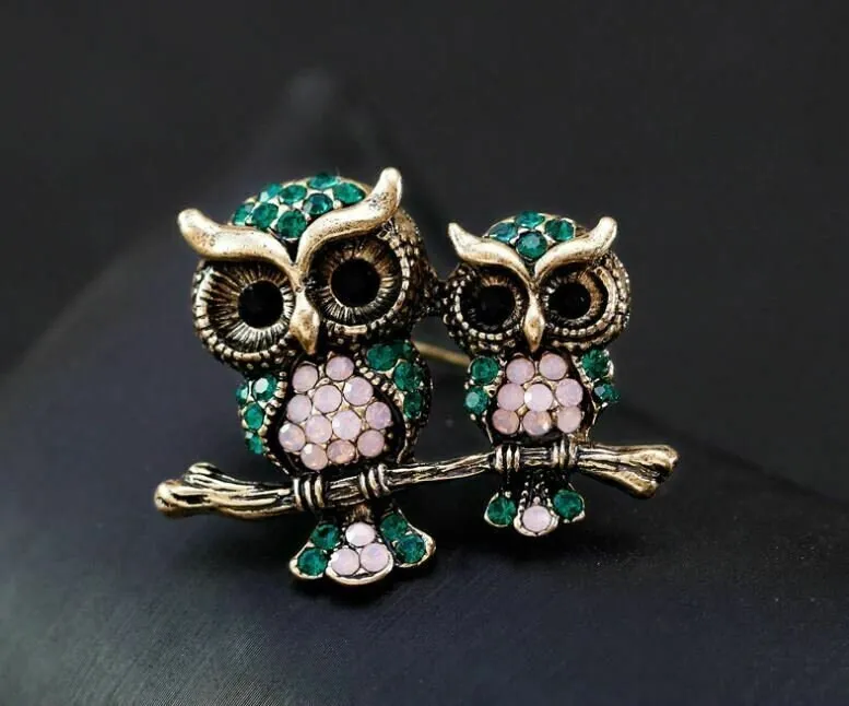 Stunning vintage look gold plated retro owl couple celebrity brooch broach pin f