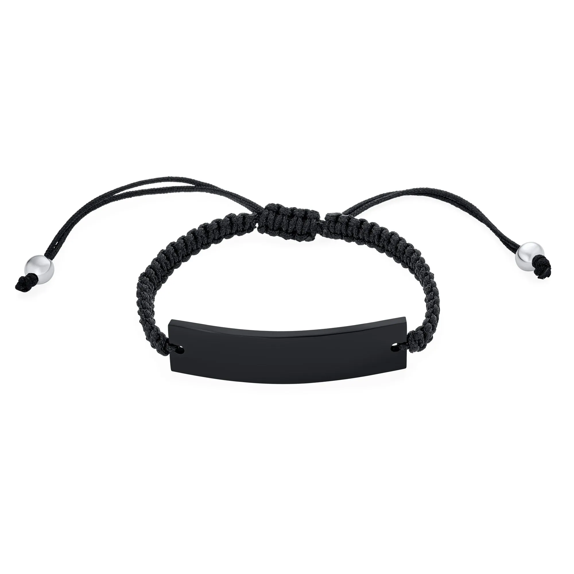 Unisex Black ID Bracelet with Braided Rope Cord and Stainless Steel Plate