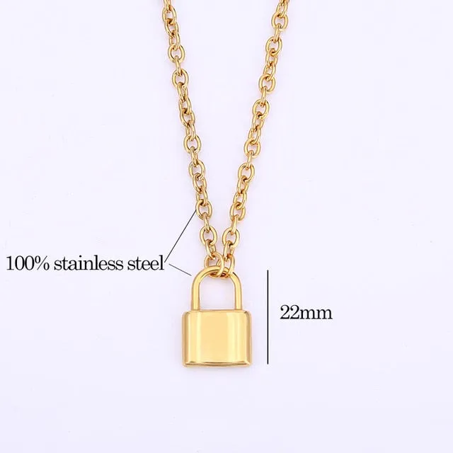 Unisex Jewellery Gold STAINLESS STEEL lock necklace padlock