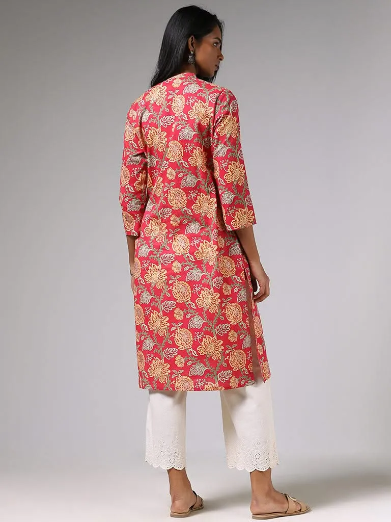 Utsa Bright Red Floral Printed A-Line Kurta