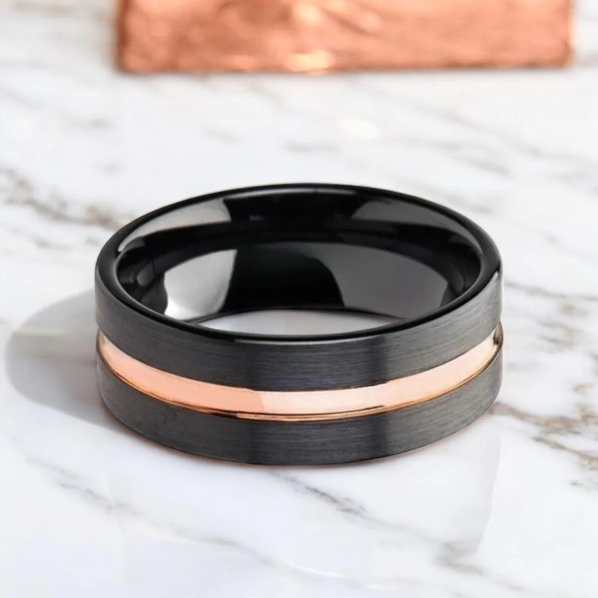 VENICE | Black Ceramic Ring, Rose Gold Groove, Flat