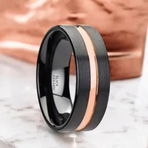 VENICE | Black Ceramic Ring, Rose Gold Groove, Flat